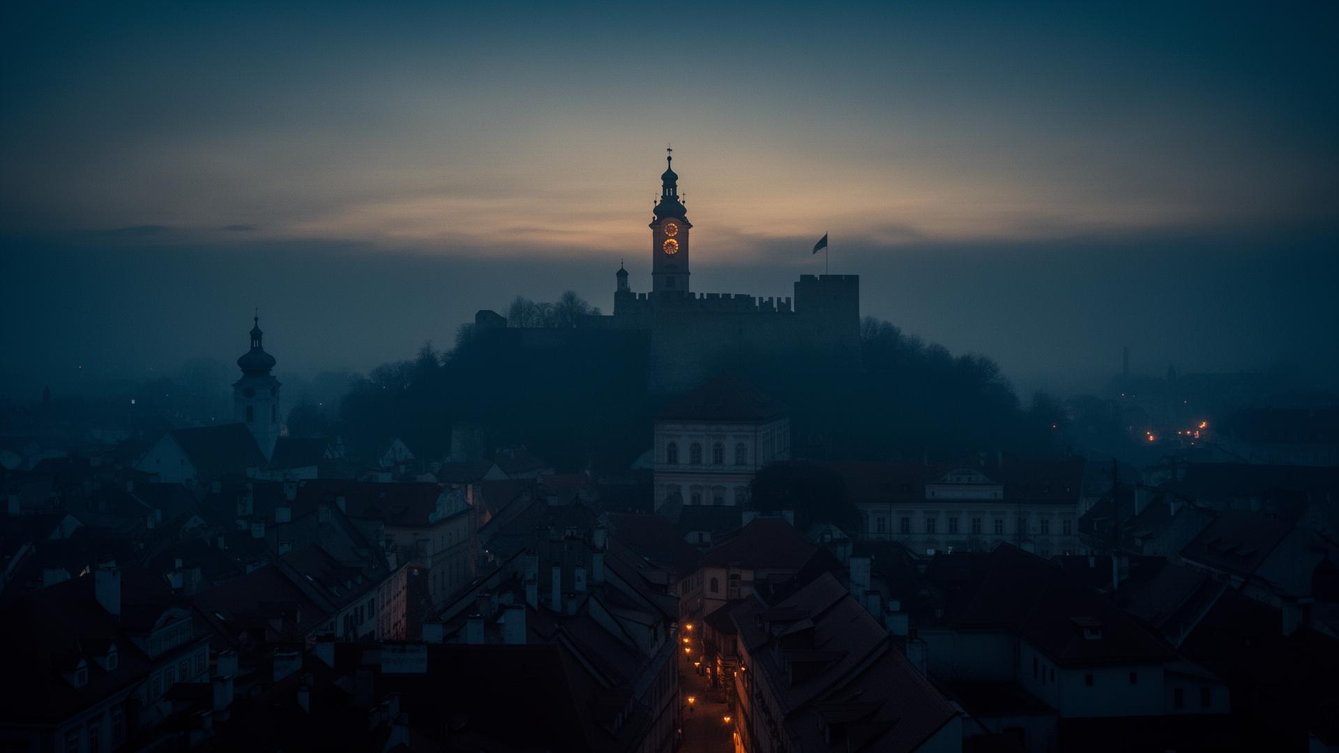 Graz bei Nacht — Schlossberg im Nebel